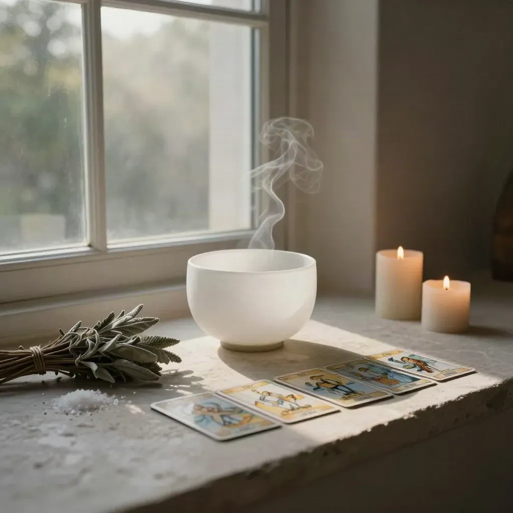Altar angelical con velas, selenita, baraja y humo suave junto a una ventana al amanecer.