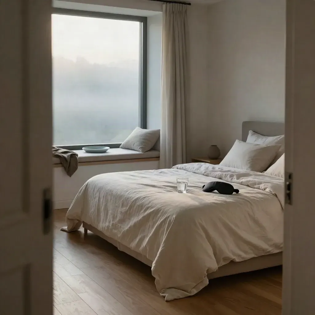 Dormitorio sereno al amanecer con cama hecha, vaso de agua, antifaz y ventana entreabierta.