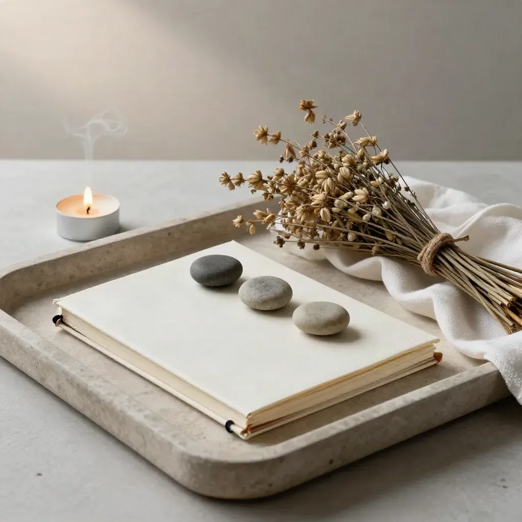Bandeja de piedra con libreta cerrada, piedras alineadas, vela apagada y ramillete atado en luz suave.