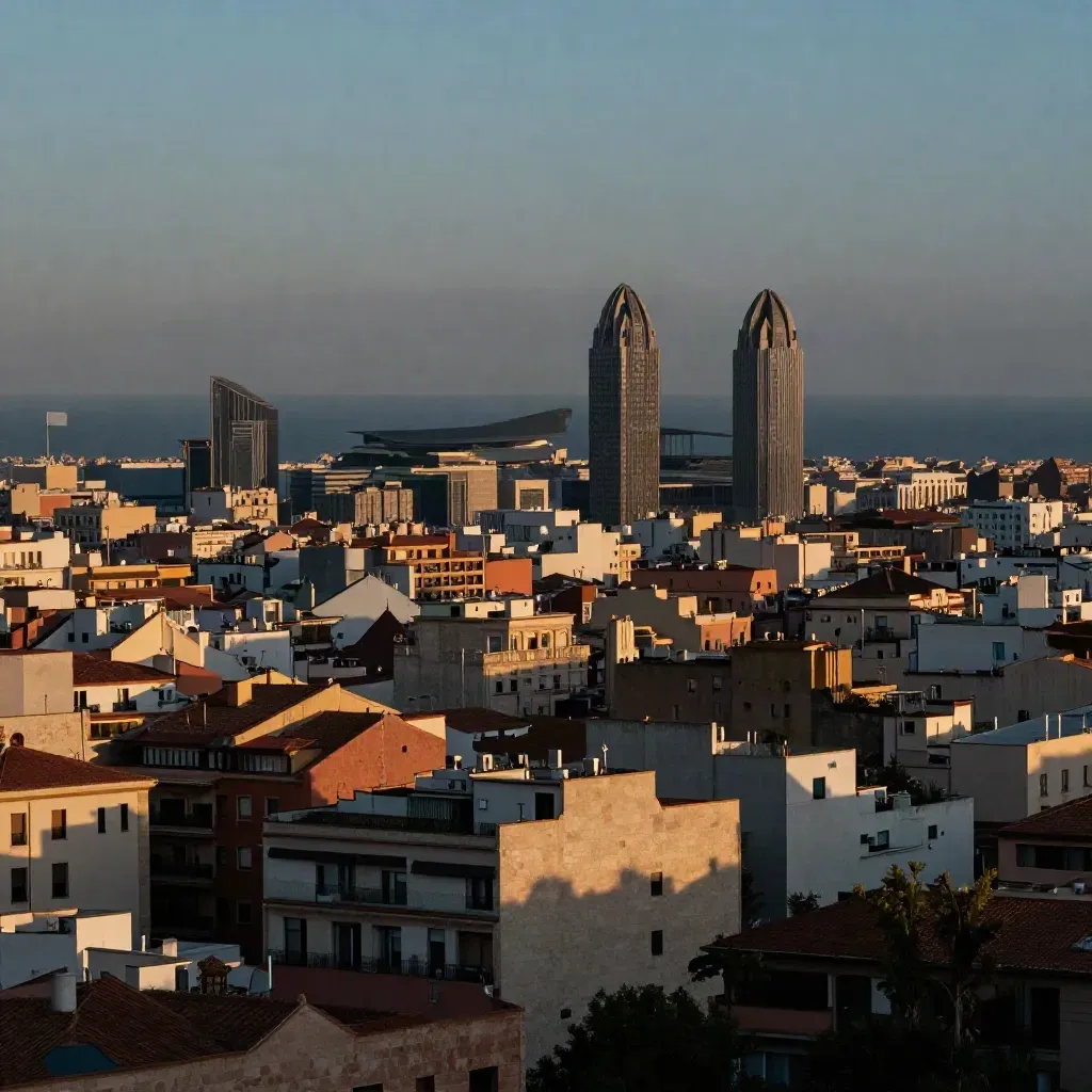 Barcelona en bruma costera al atardecer, con la silueta modernista sobre una ciudad serena.